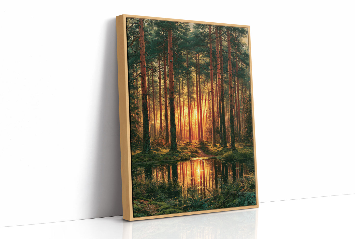 The Sunlit Path: Pine Forest Reflection at Dusk