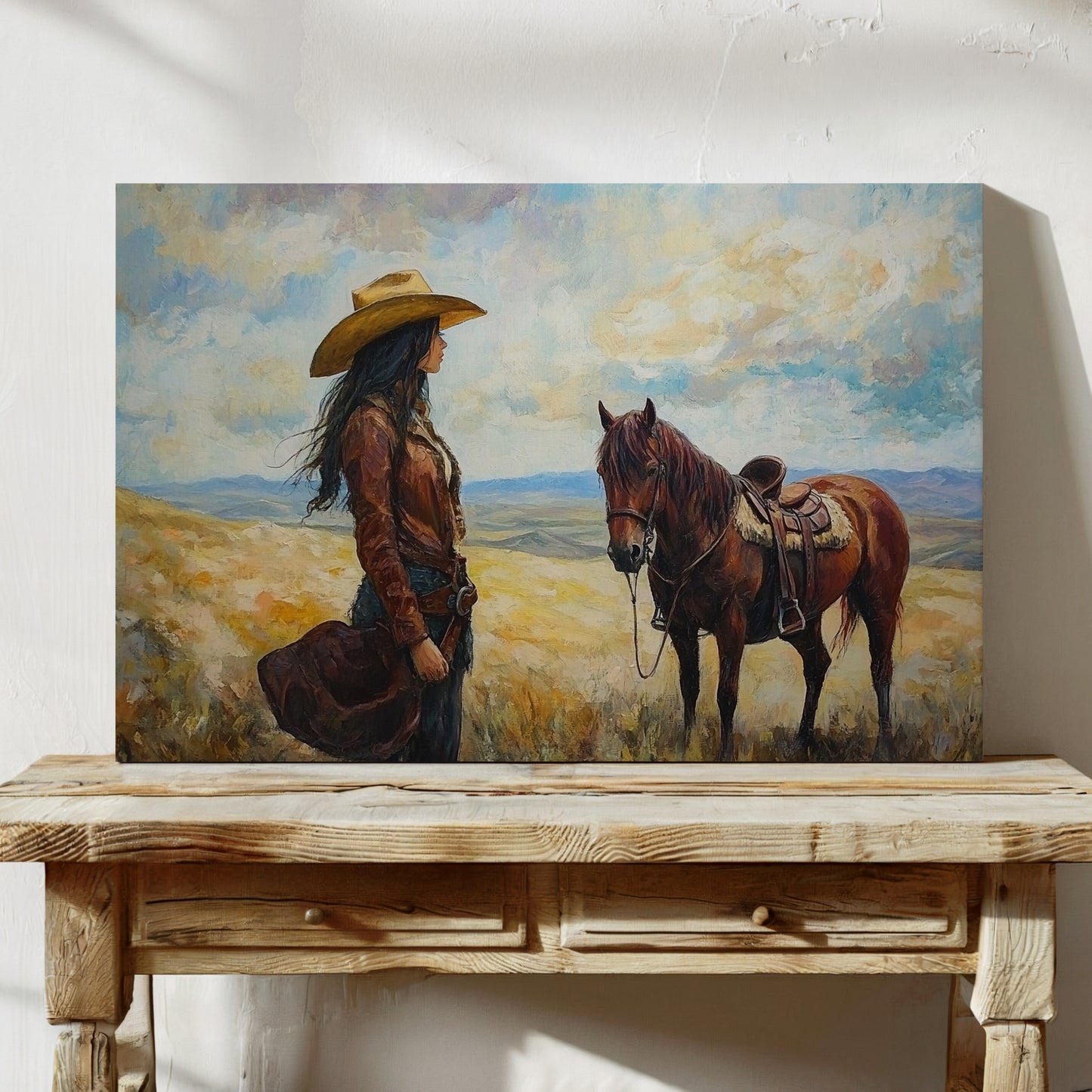 Cowgirl and Her Mustang on the Open Range