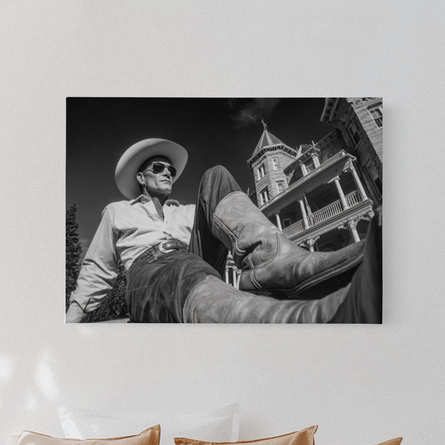 Man in cowboy hat and boots leaning against a castle-like building, displayed as a wall art in a bedroom.