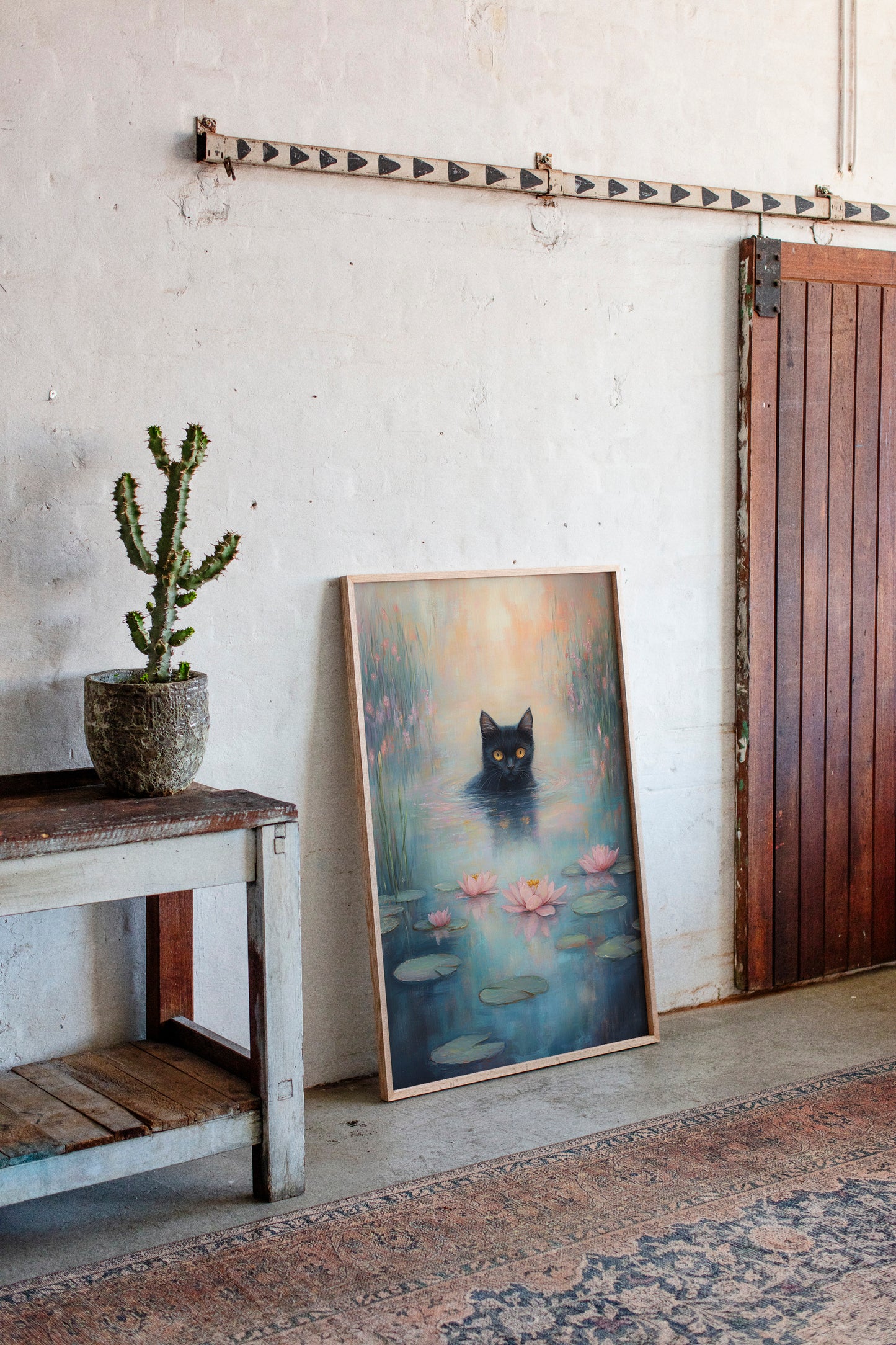 Mystical Black Cat in Water – Dreamy Water Lily Painting