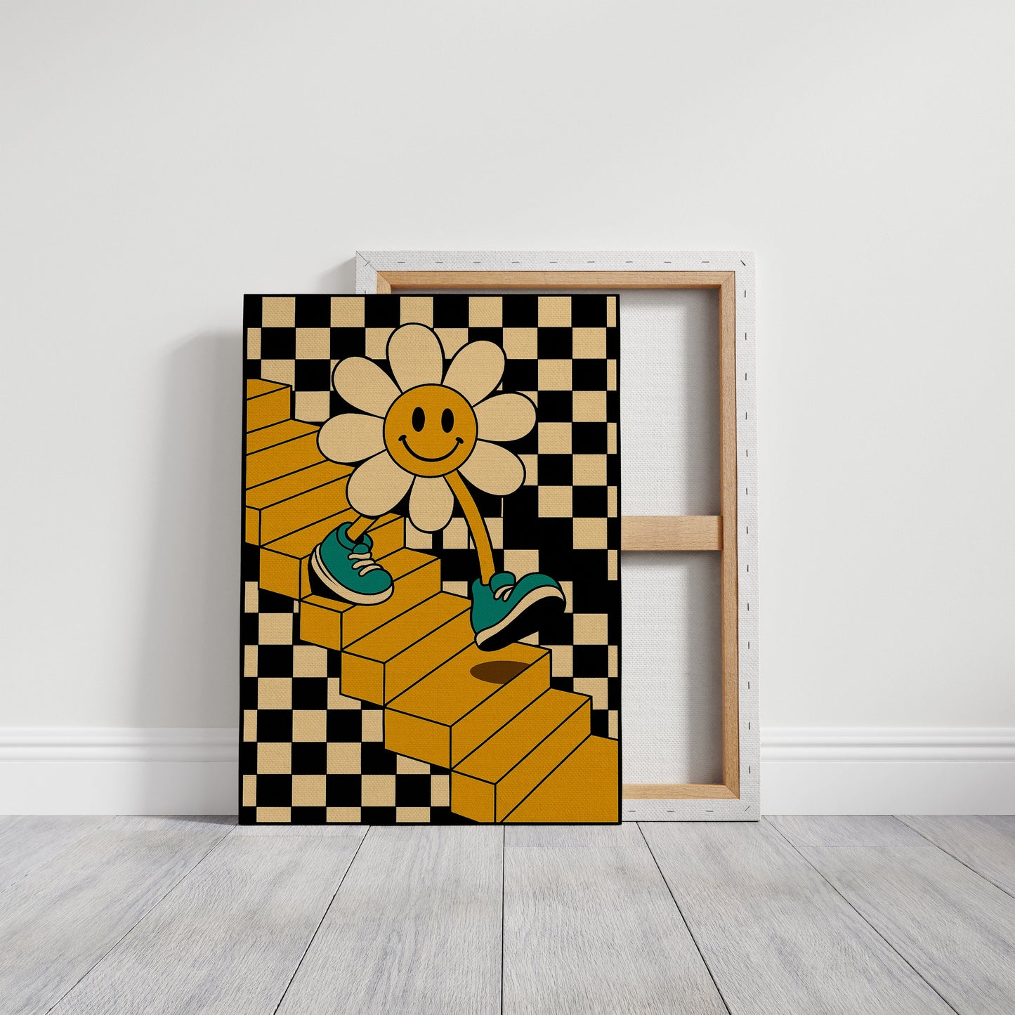 Groovy Daisy Vibes – Retro Checkerboard Flower Print