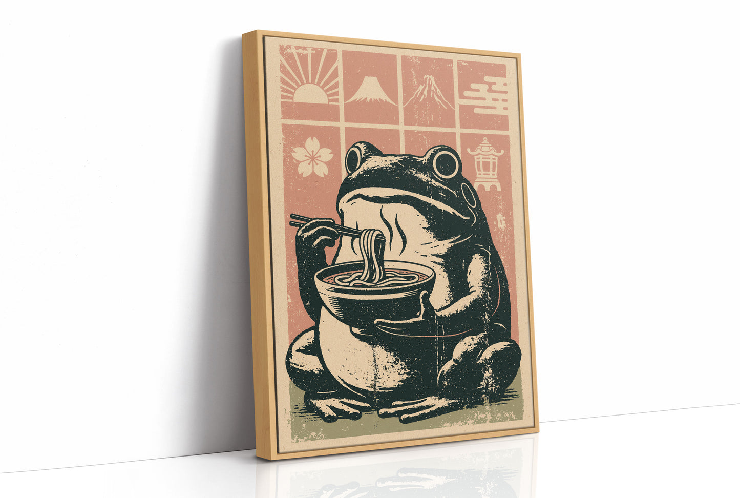 Steamy Ramen Toad: A Woodblock Frog's Slurp