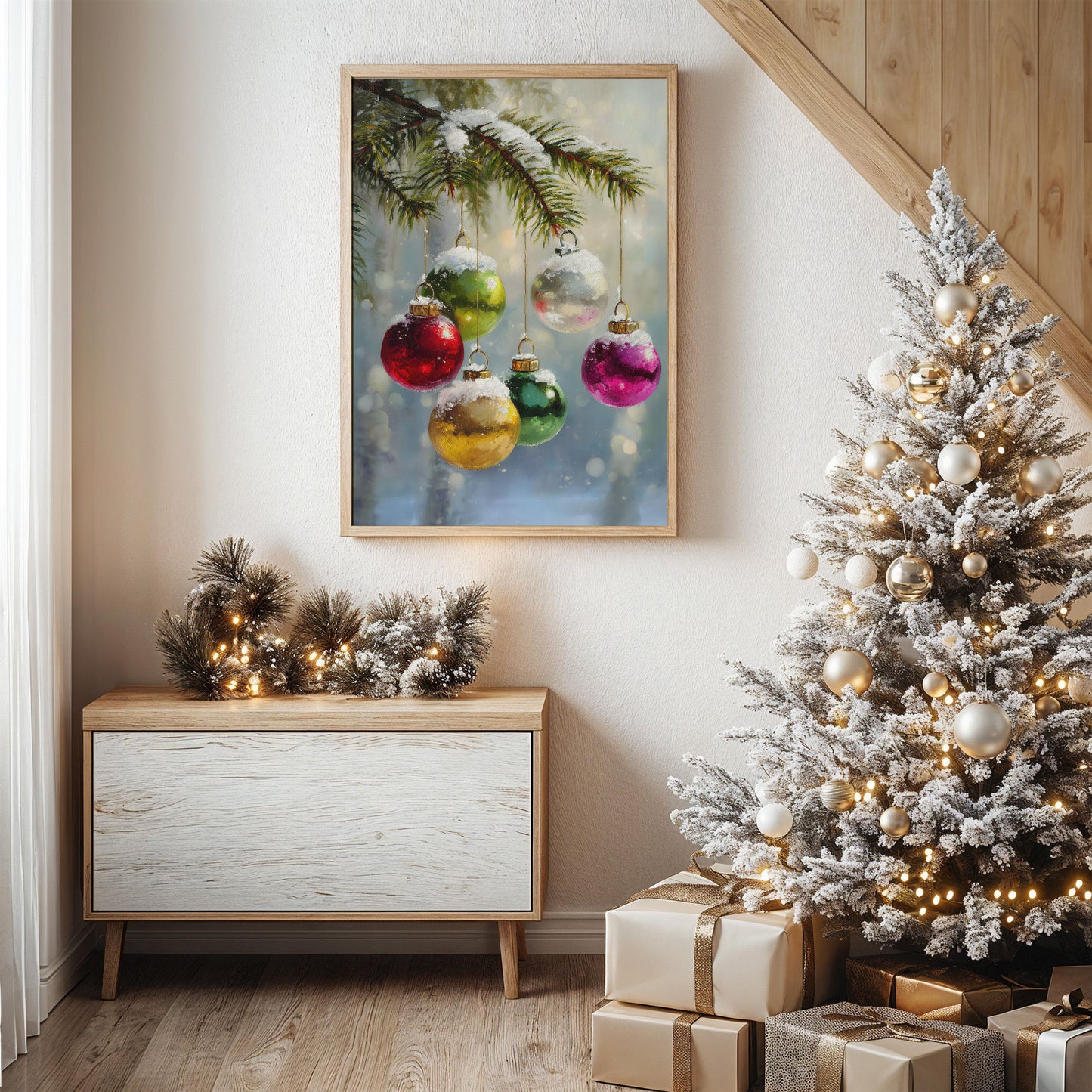 Ornaments Dance Under Snowy Boughs
