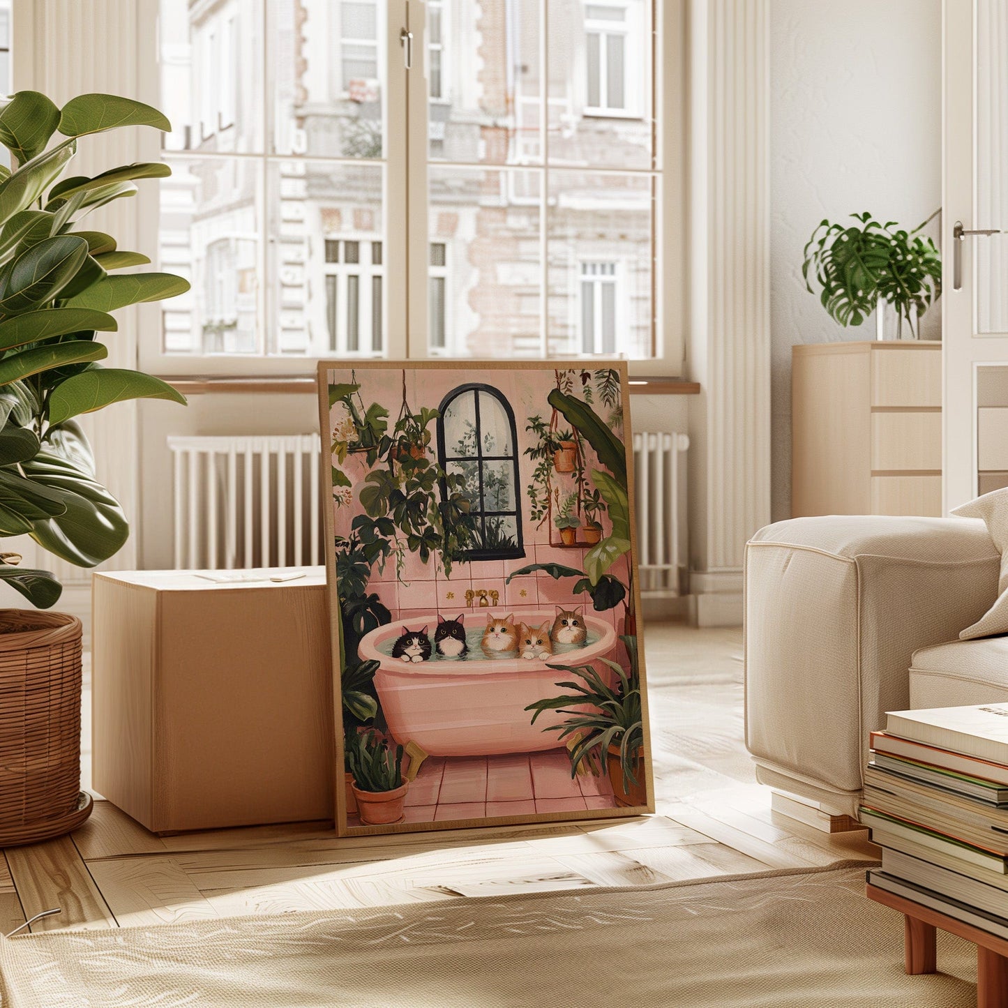 Cat Spa Day – Funny Cat Wall Art, Pink Bathtub Aesthetic, Cozy Home Decor