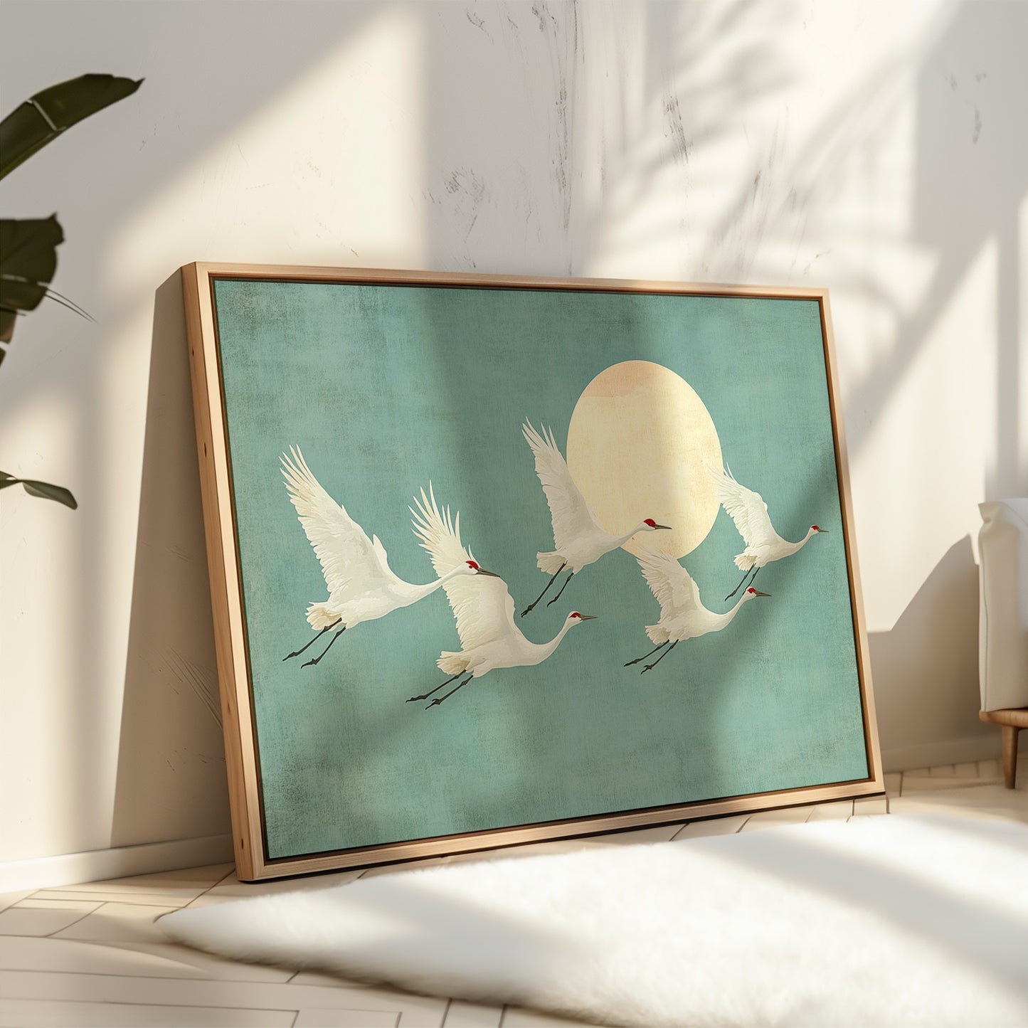 Japanese Crane Wall Art – Minimalist Blue & Gold Crane Print
