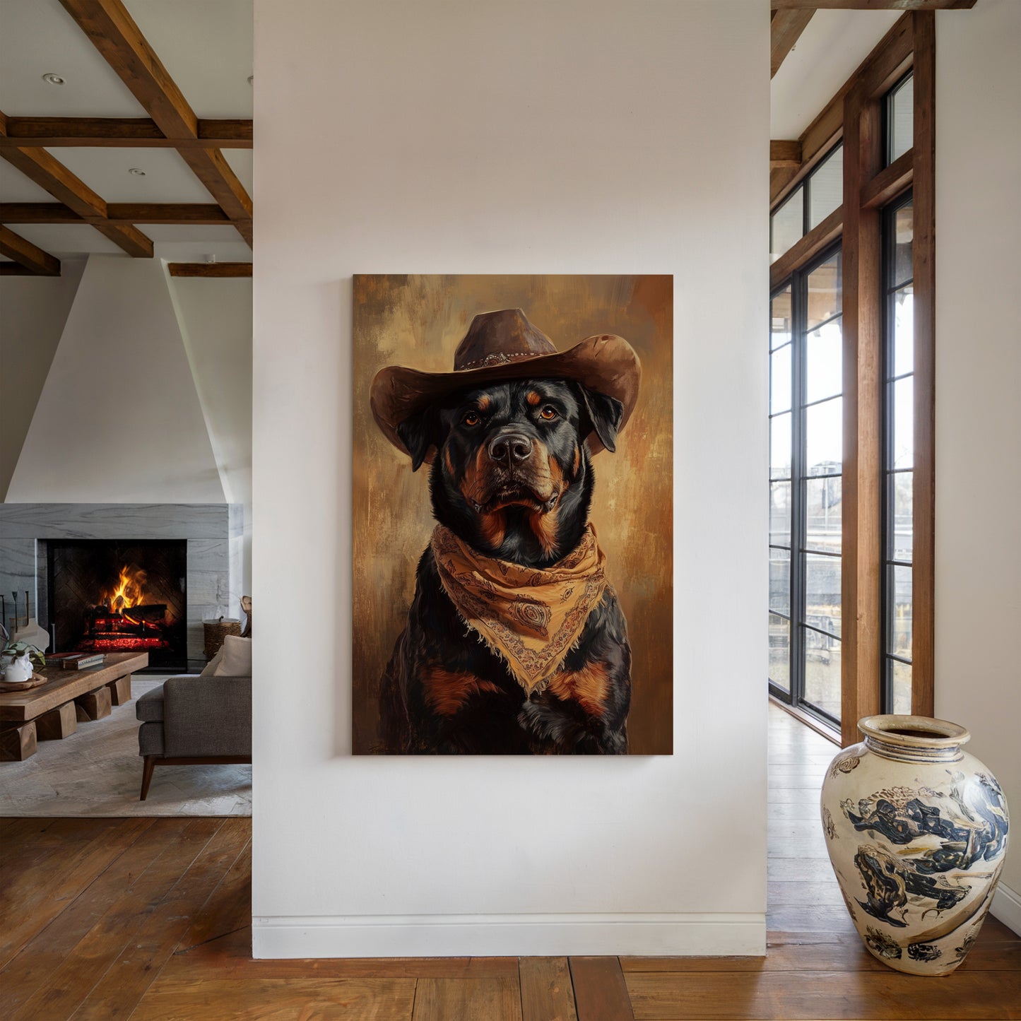 Western Cowboy Rottweiler Print – Rustic Wild West Dog Art