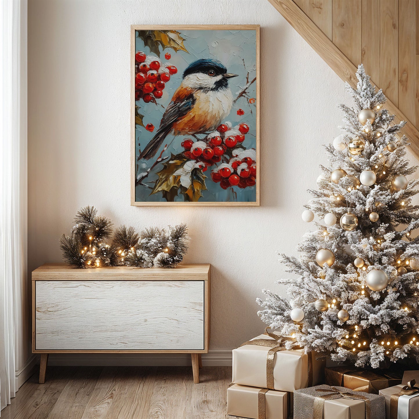 Winter Songbird Among Holly Berries