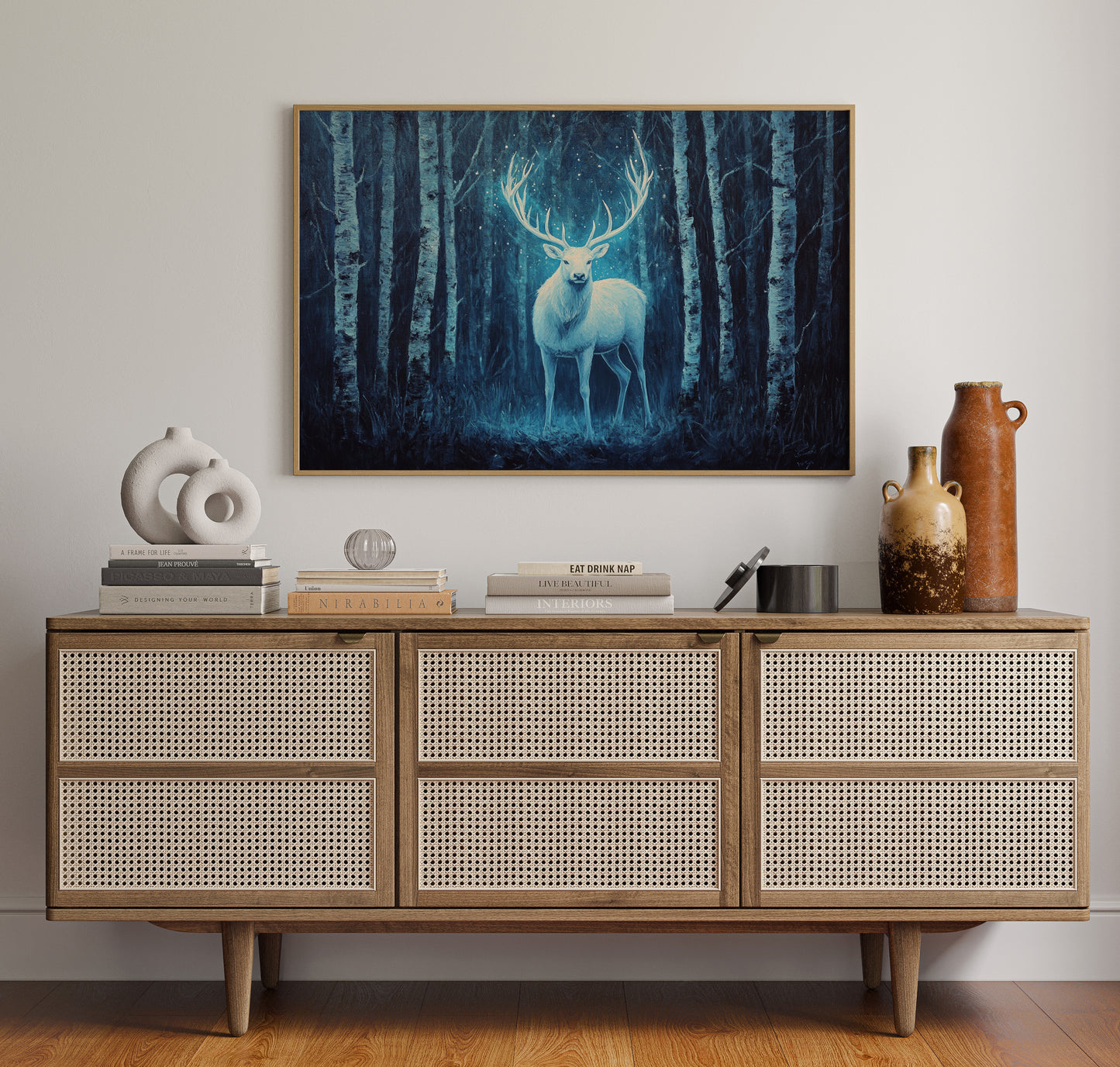 Moonlit Stag Among Birch Trees