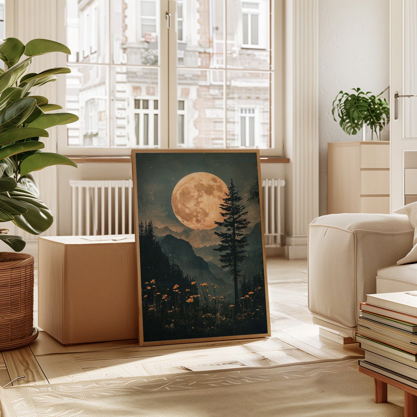 Harvest Moon Forest: Serene Mountain Landscape Canvas Wall Art