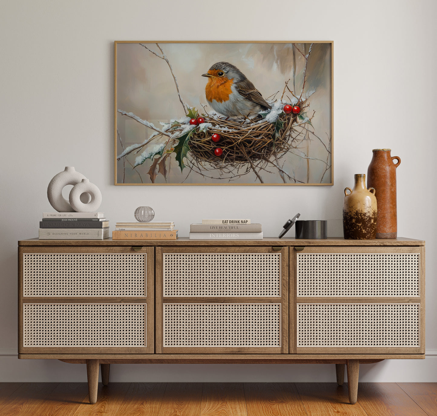 Winter Robin Perches Among Holly