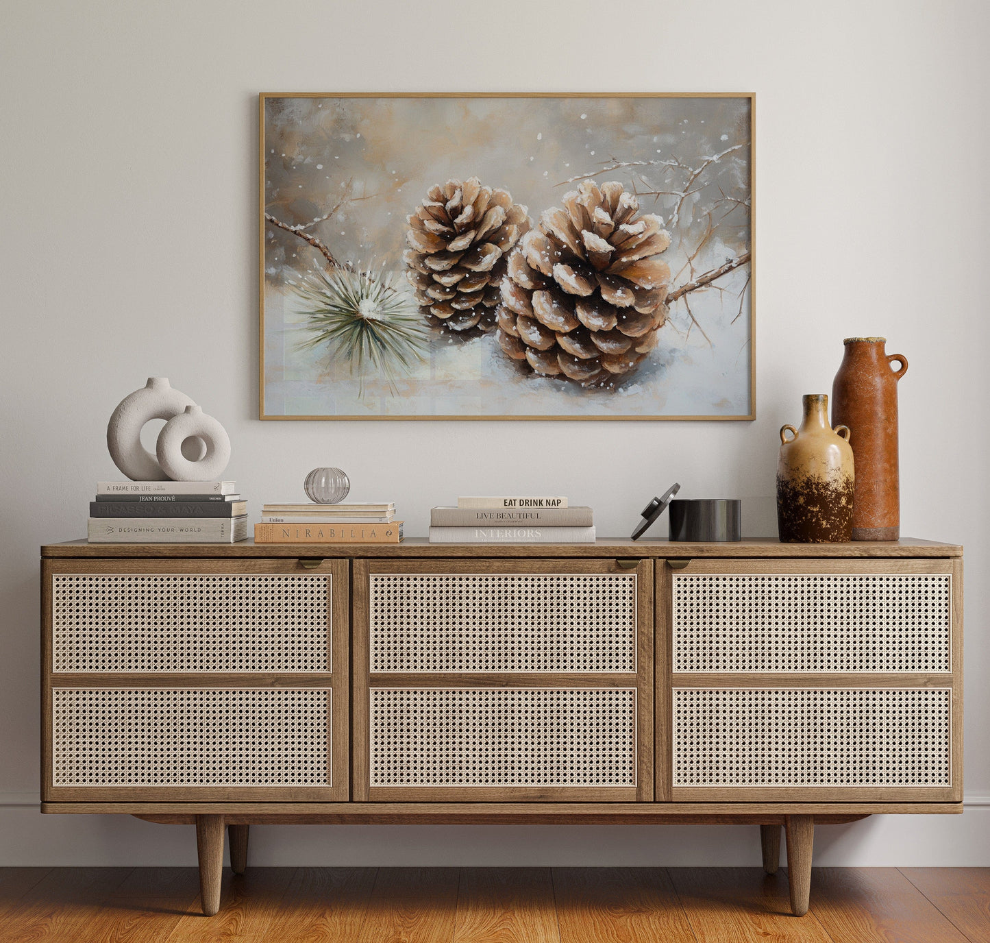 Pine Cones Catch December's First Snow