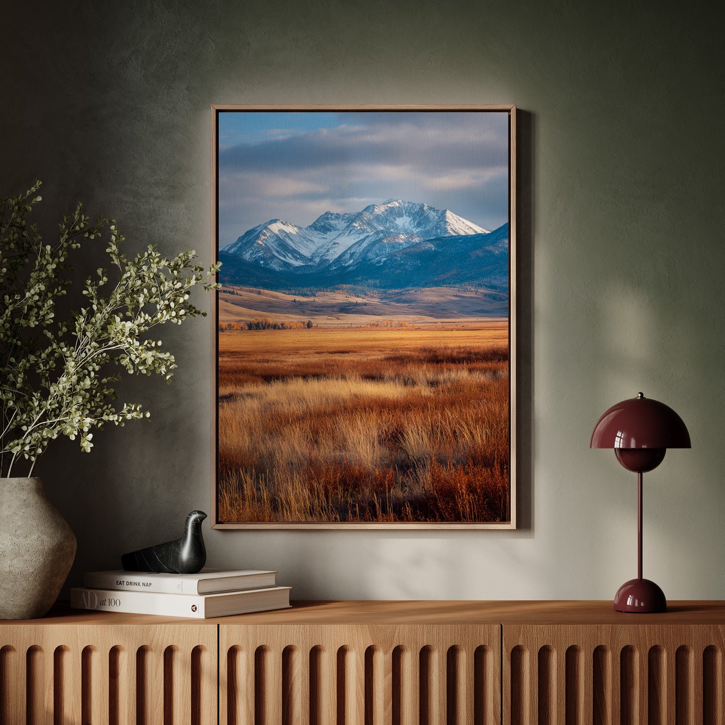 Golden Grasses Beneath Snowy Peaks