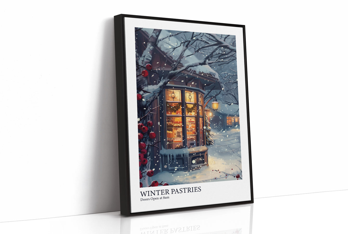 Bakery Glows Through Snowfall Evening