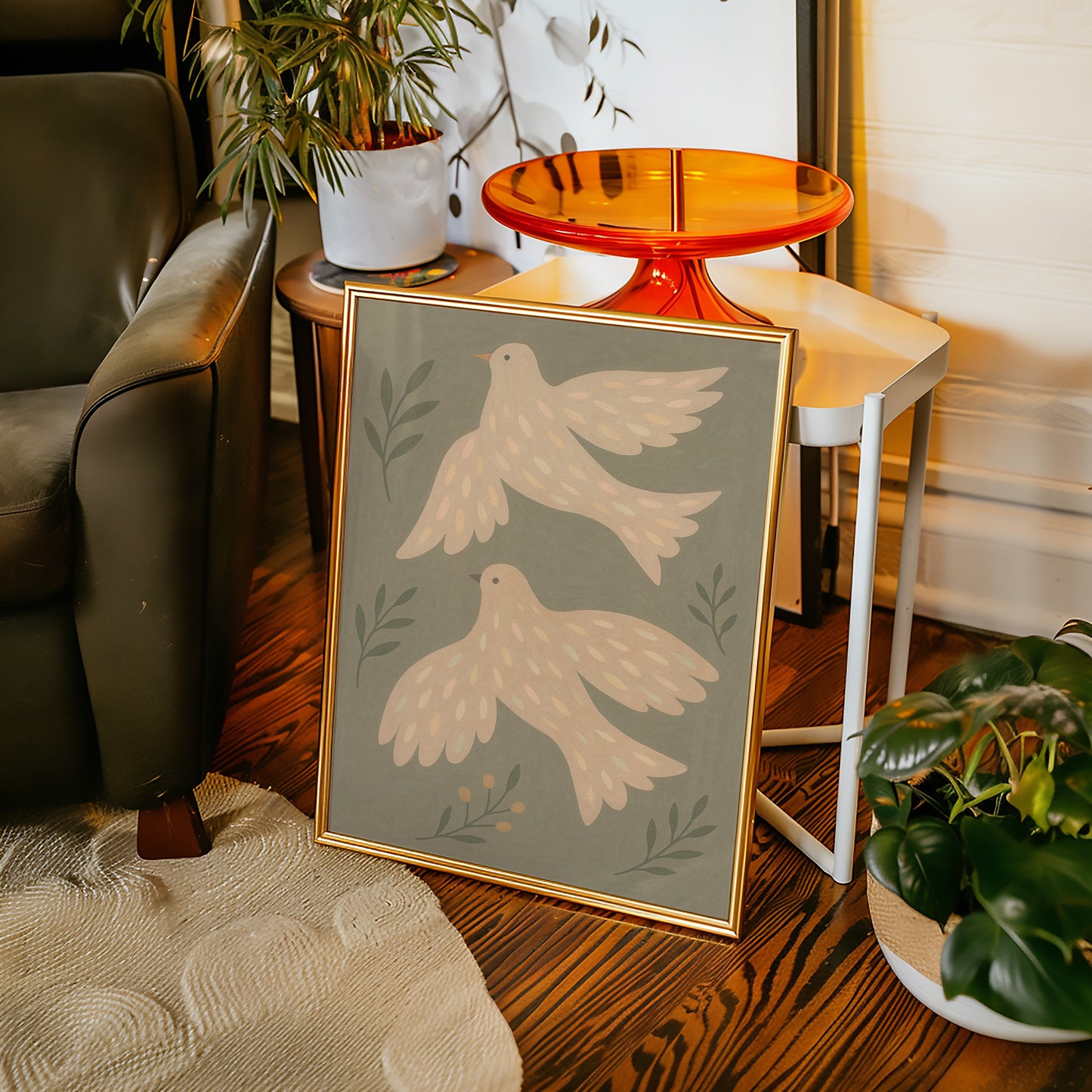 Blush Doves in Olive Sky