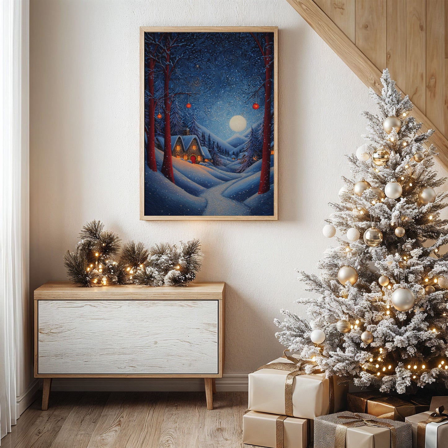 Moonlit Cabins Between Winter Pines