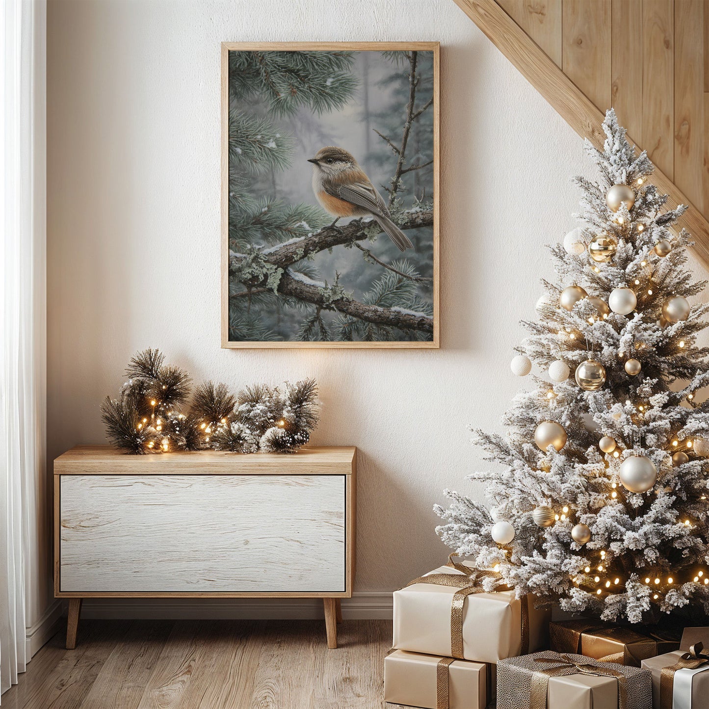 Winter Songbird Perches Among Pines
