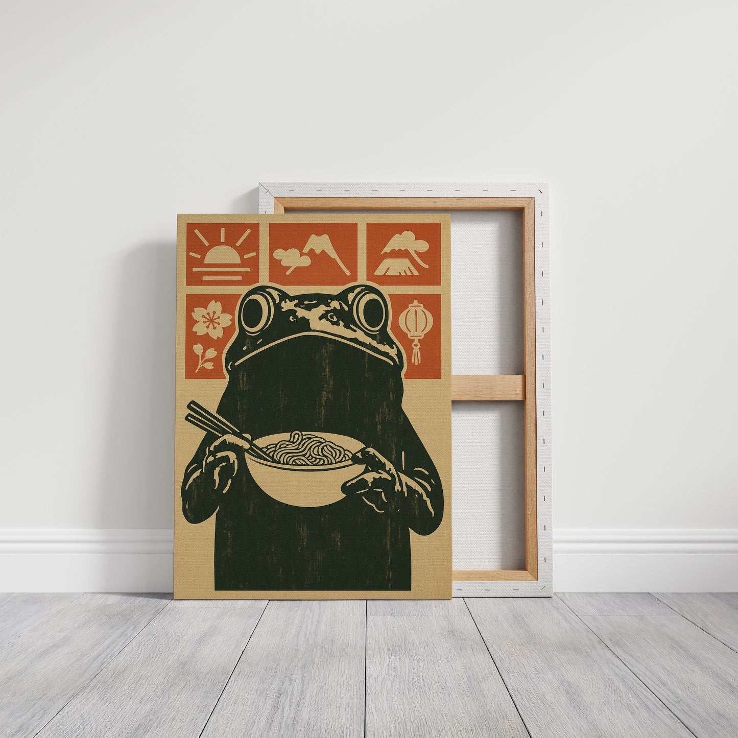 Ramen Frog in Retro Woodblock Style
