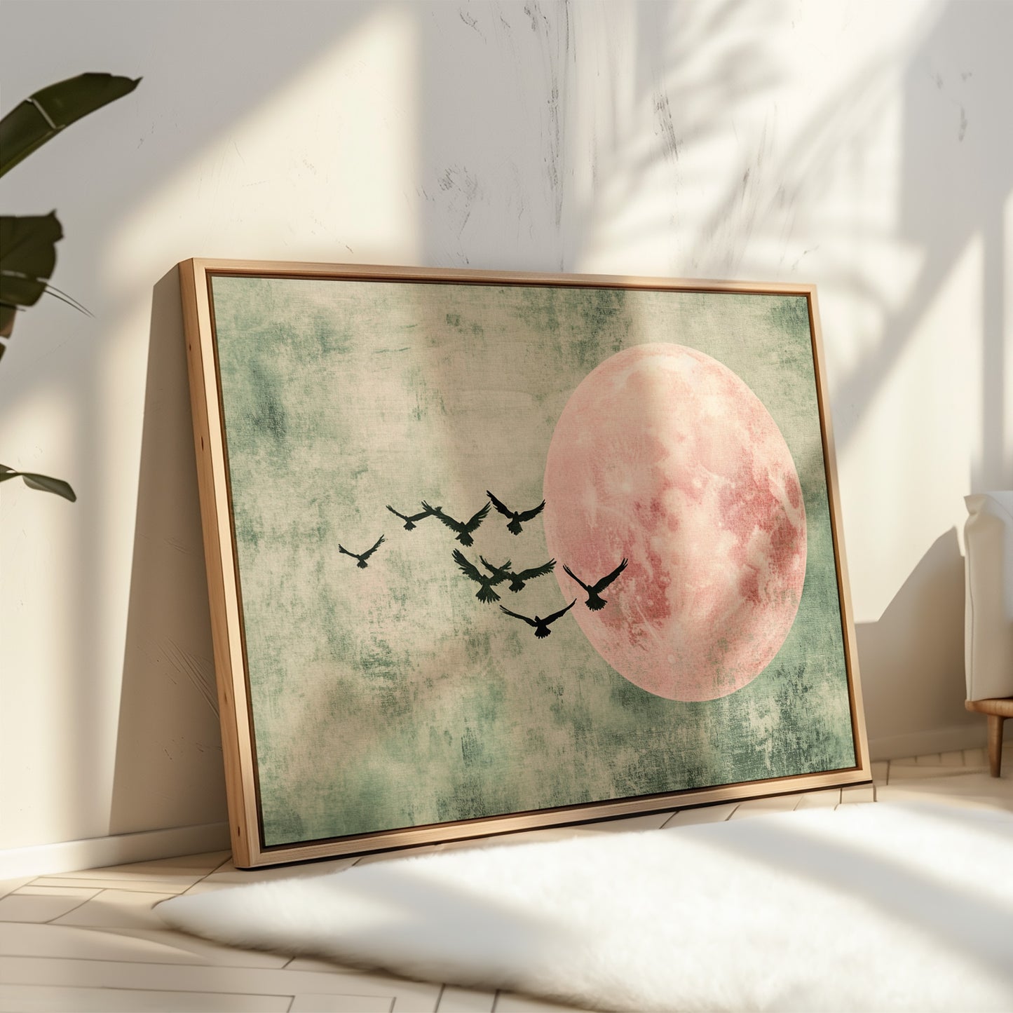 Pink Moon Wall Art – Minimalist Birds in Flight Print