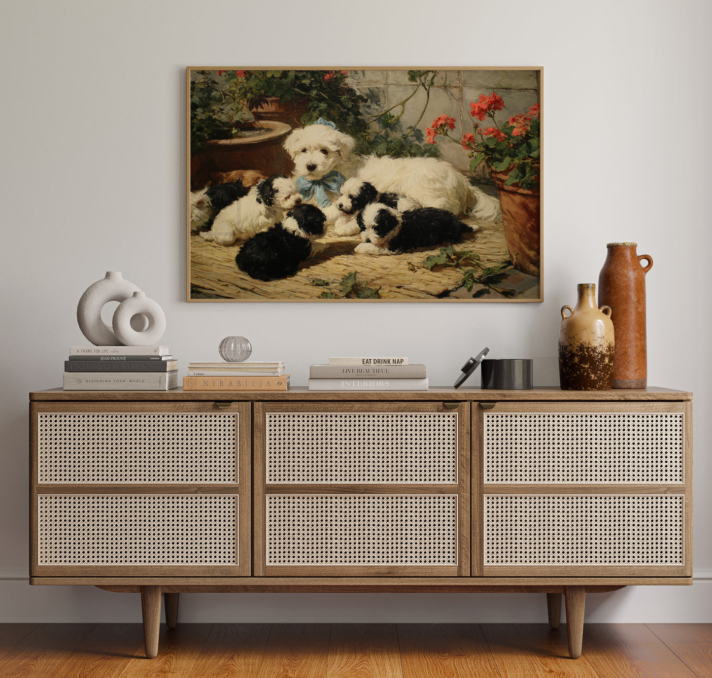 Puppies Rest Among Garden Geraniums