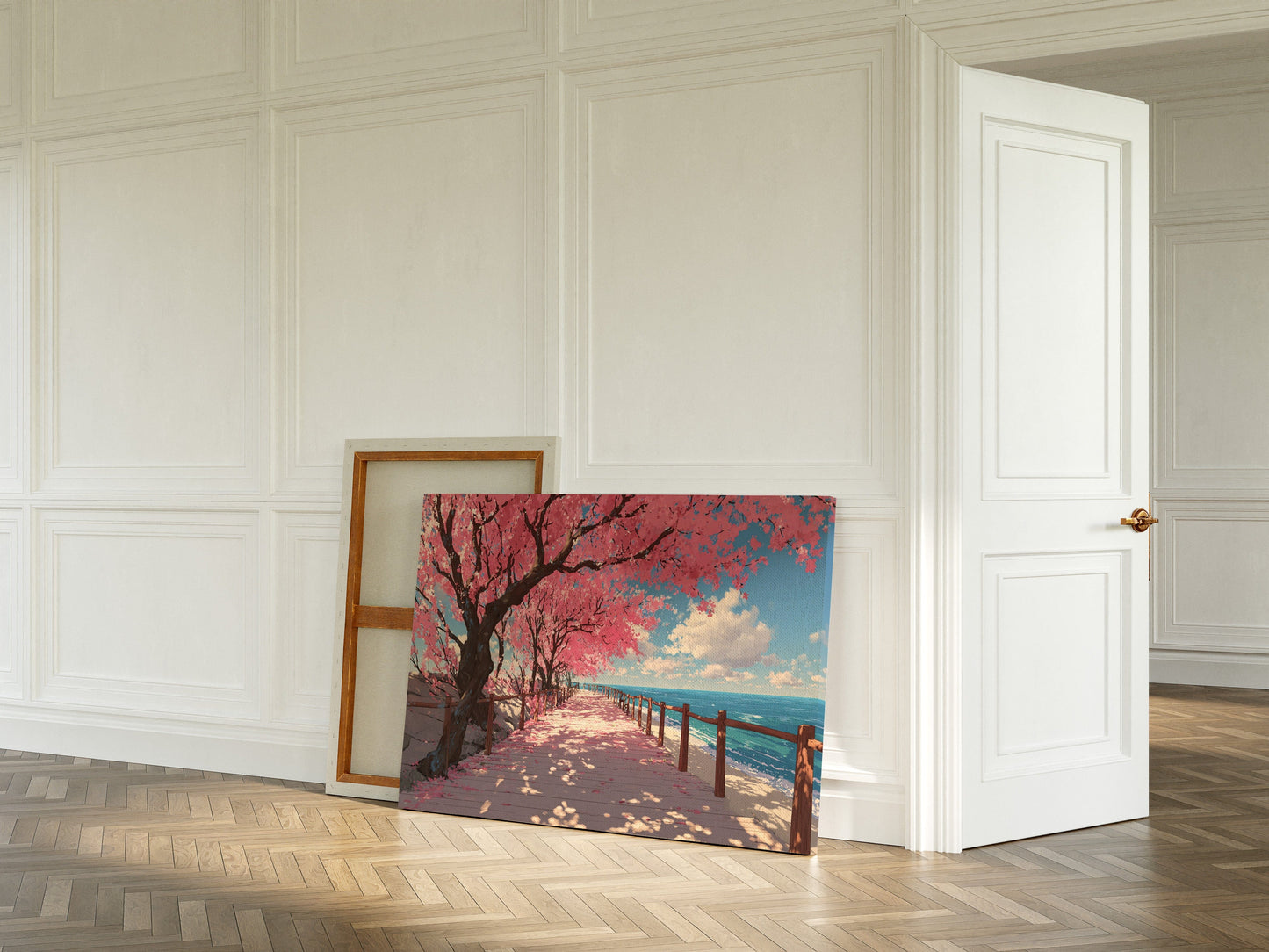 Cherry Blossoms Dance Above Ocean Paths
