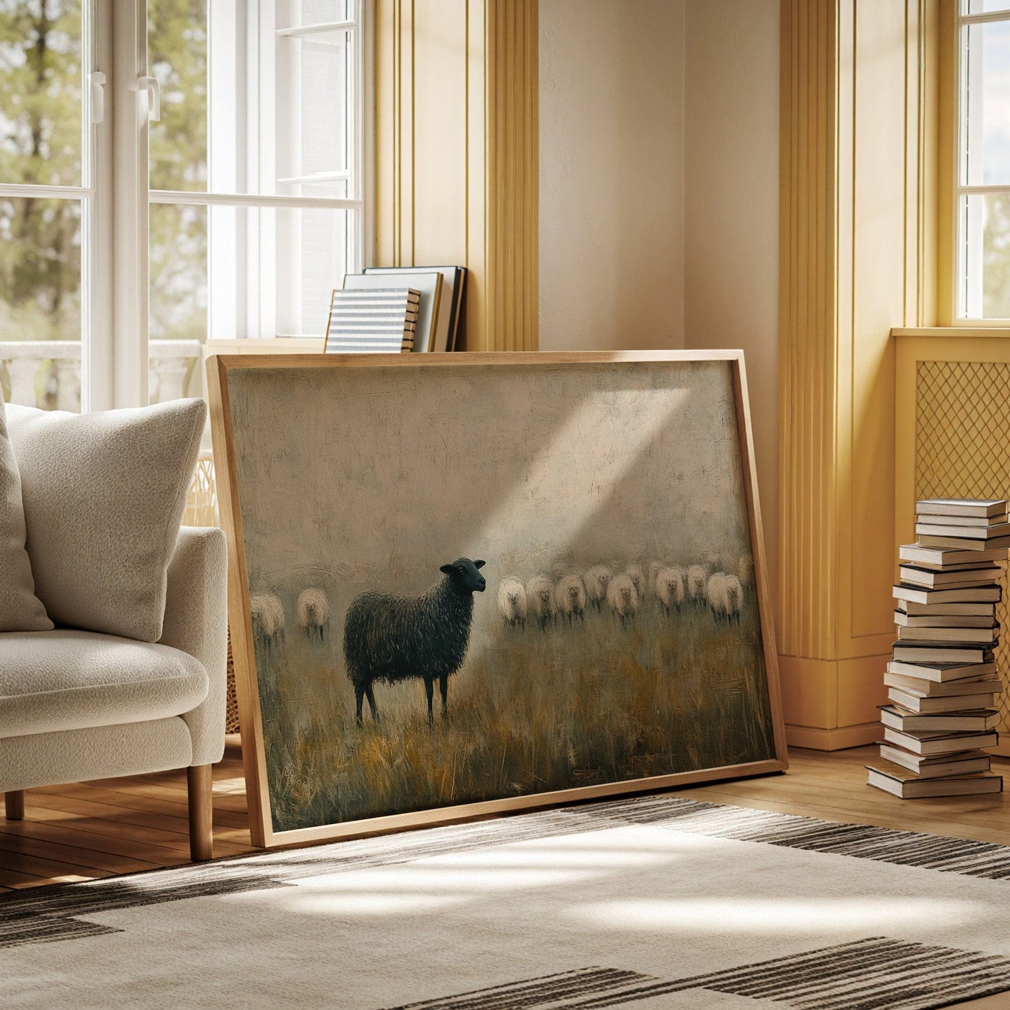 The Black Sheep: Minimalist Pastoral Canvas Wall Art