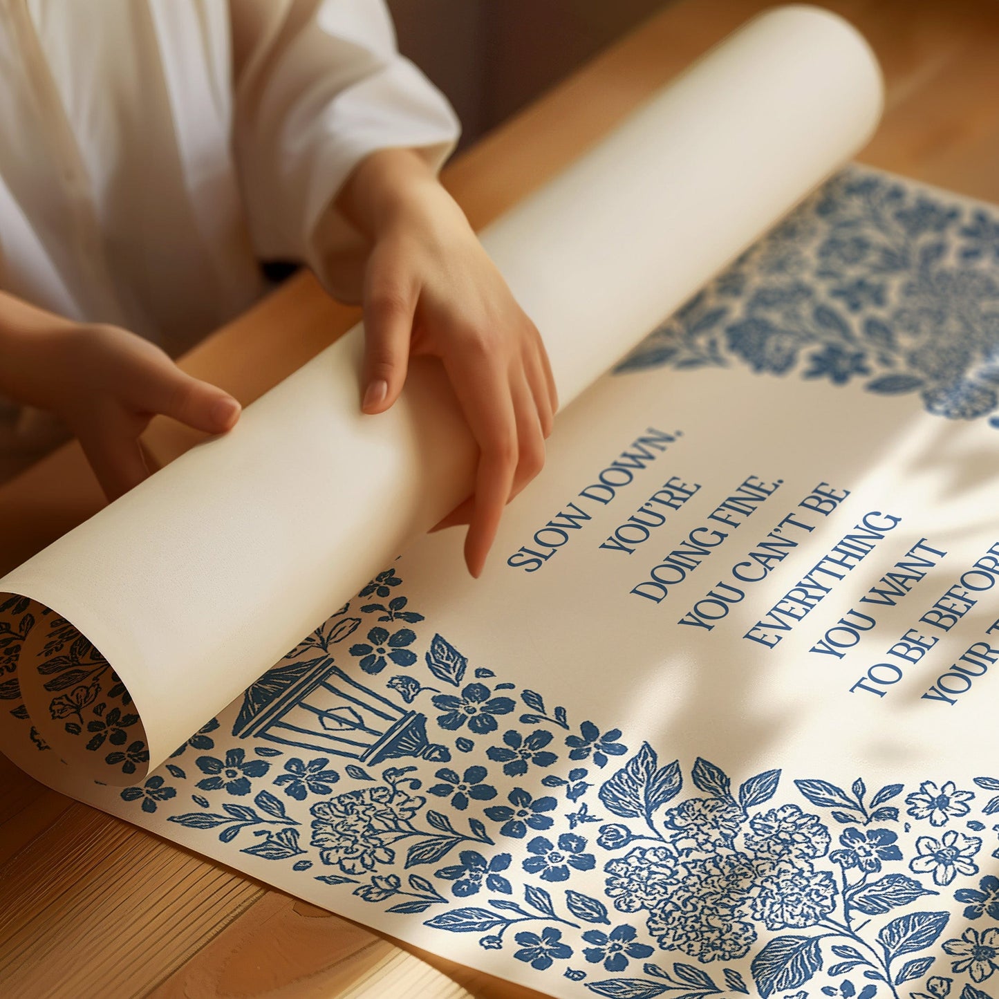 Blue Floral Lantern Quote Print – Slow Down, You’re Doing Fine