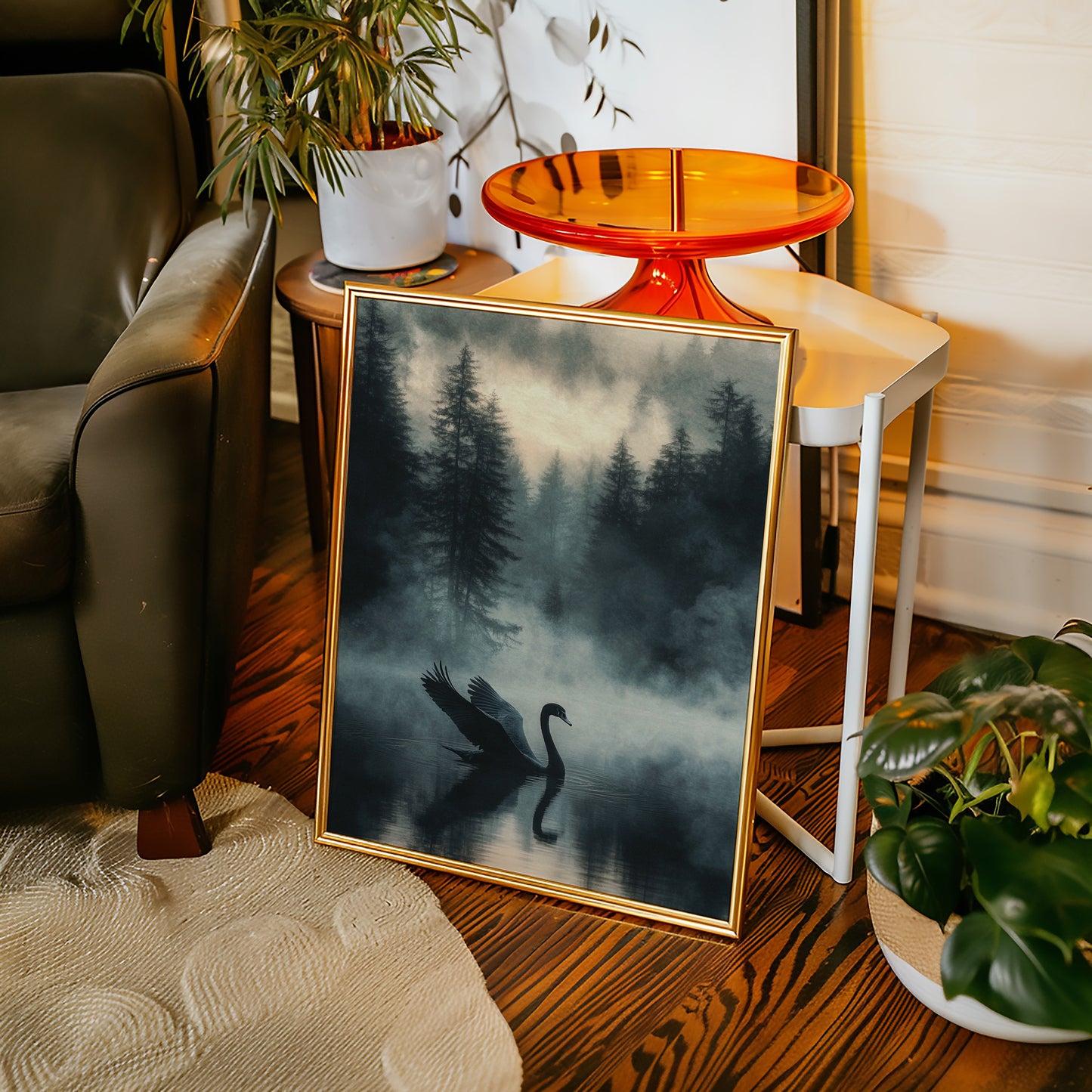 Black Swan in the Forest Mist