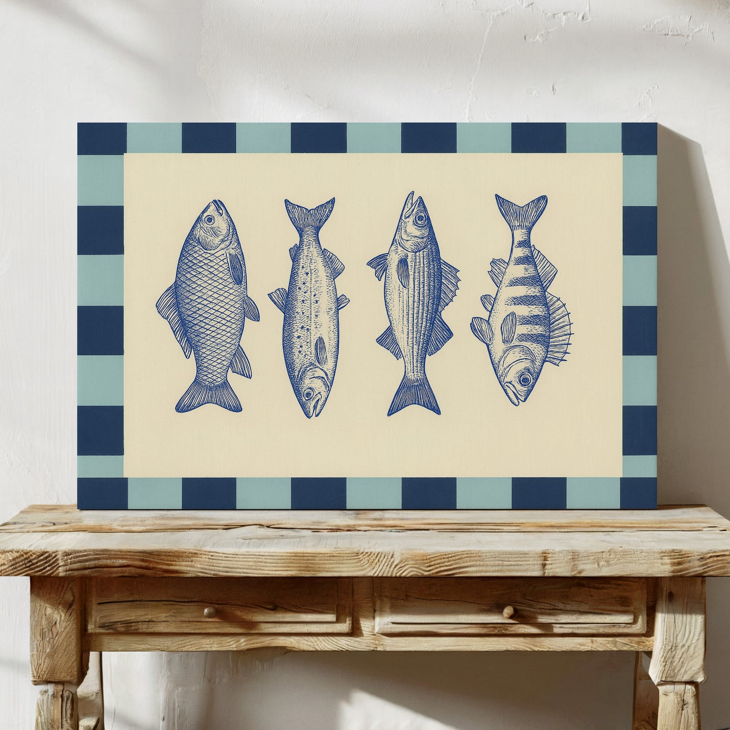 Vintage Fish Quartet on Checkerboard Blue