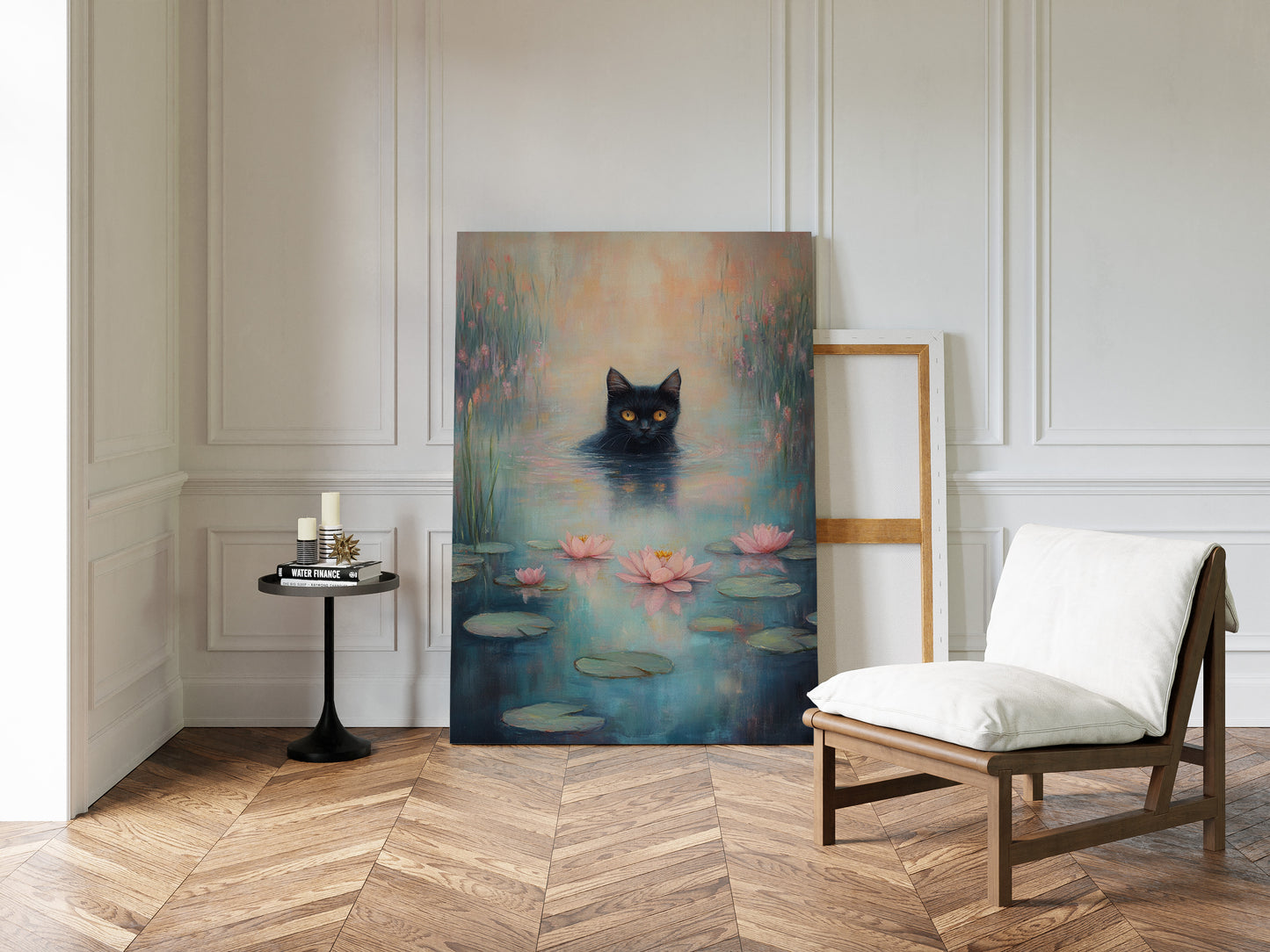 Mystical Black Cat in Water – Dreamy Water Lily Painting