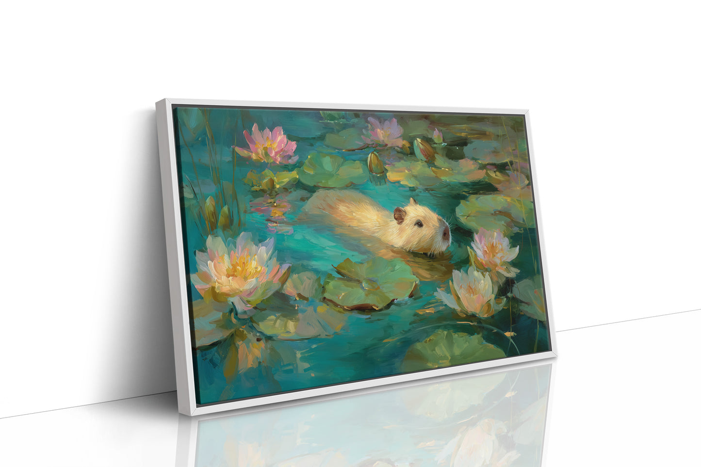 Golden Swimmer Among Water Lilies