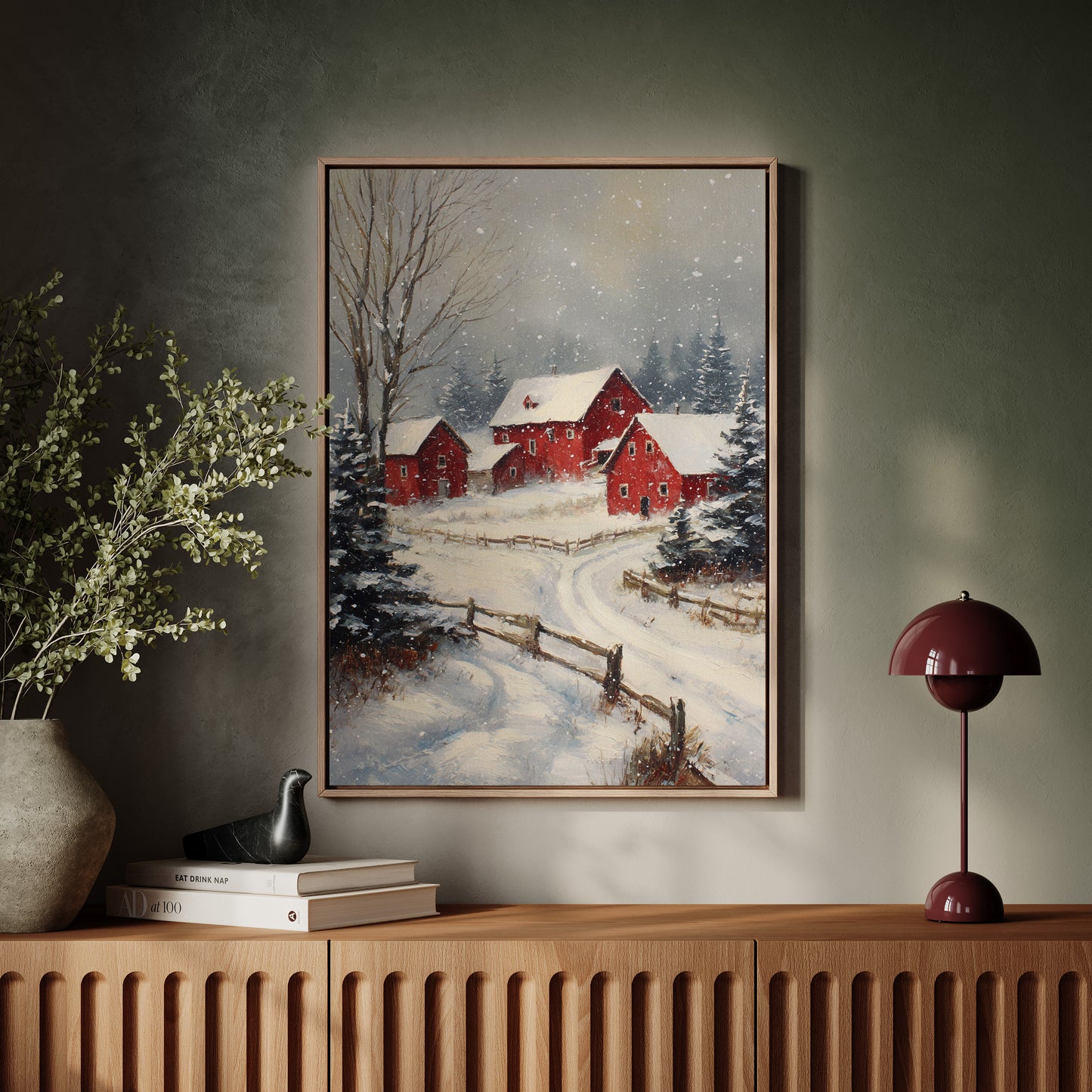 Crimson Cabins Beneath Winter's Veil