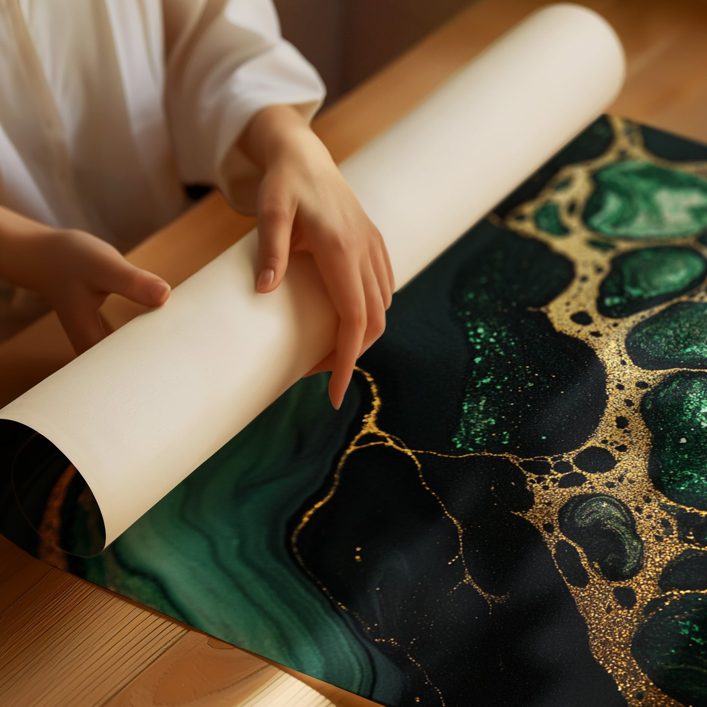 Gilded Cells in Deep Emerald Flow