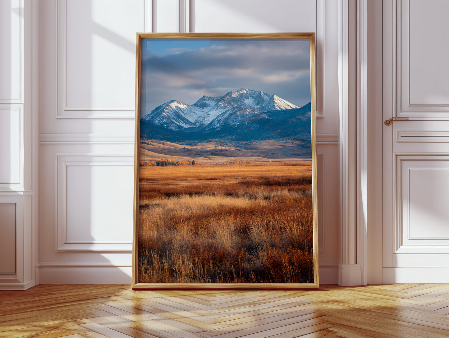 Golden Grasses Beneath Snowy Peaks