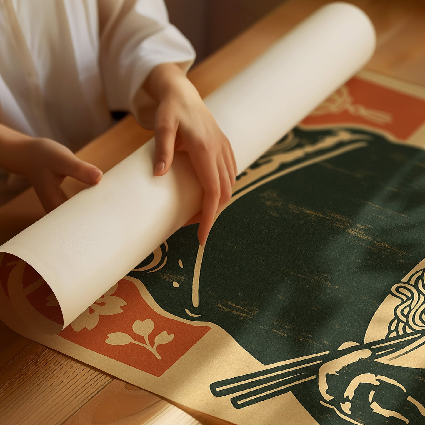 Ramen Frog in Retro Woodblock Style