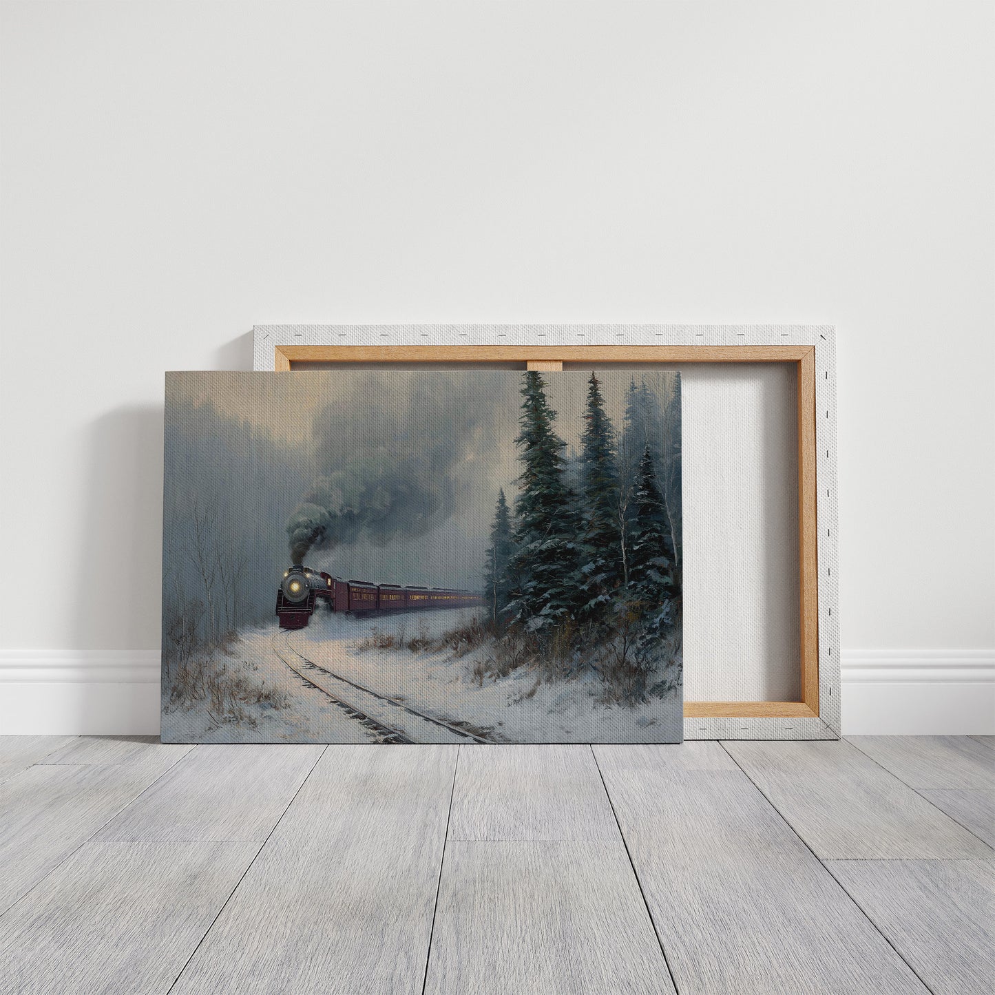 Winter Steam Curves Through Pine Forest