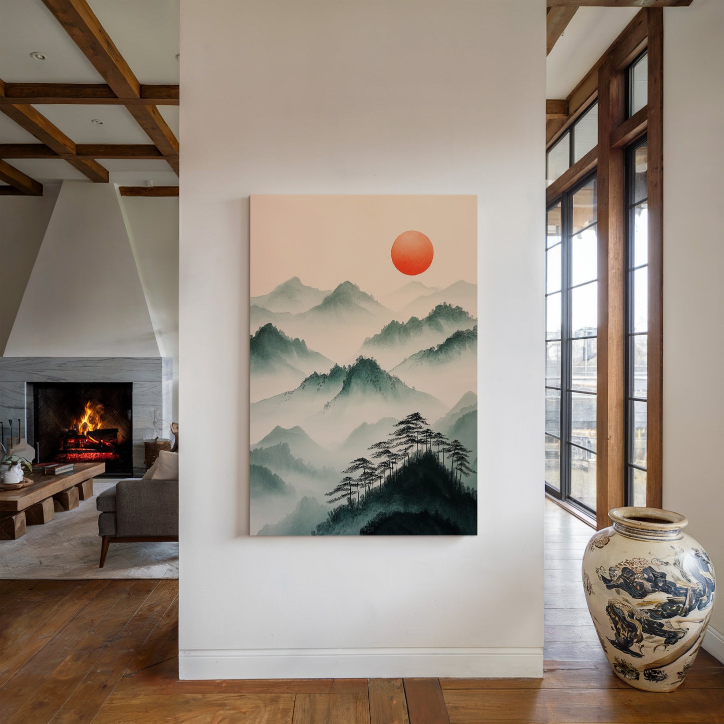 Misty Mountain Sunrise – Tranquil Asian-Inspired Landscape Print