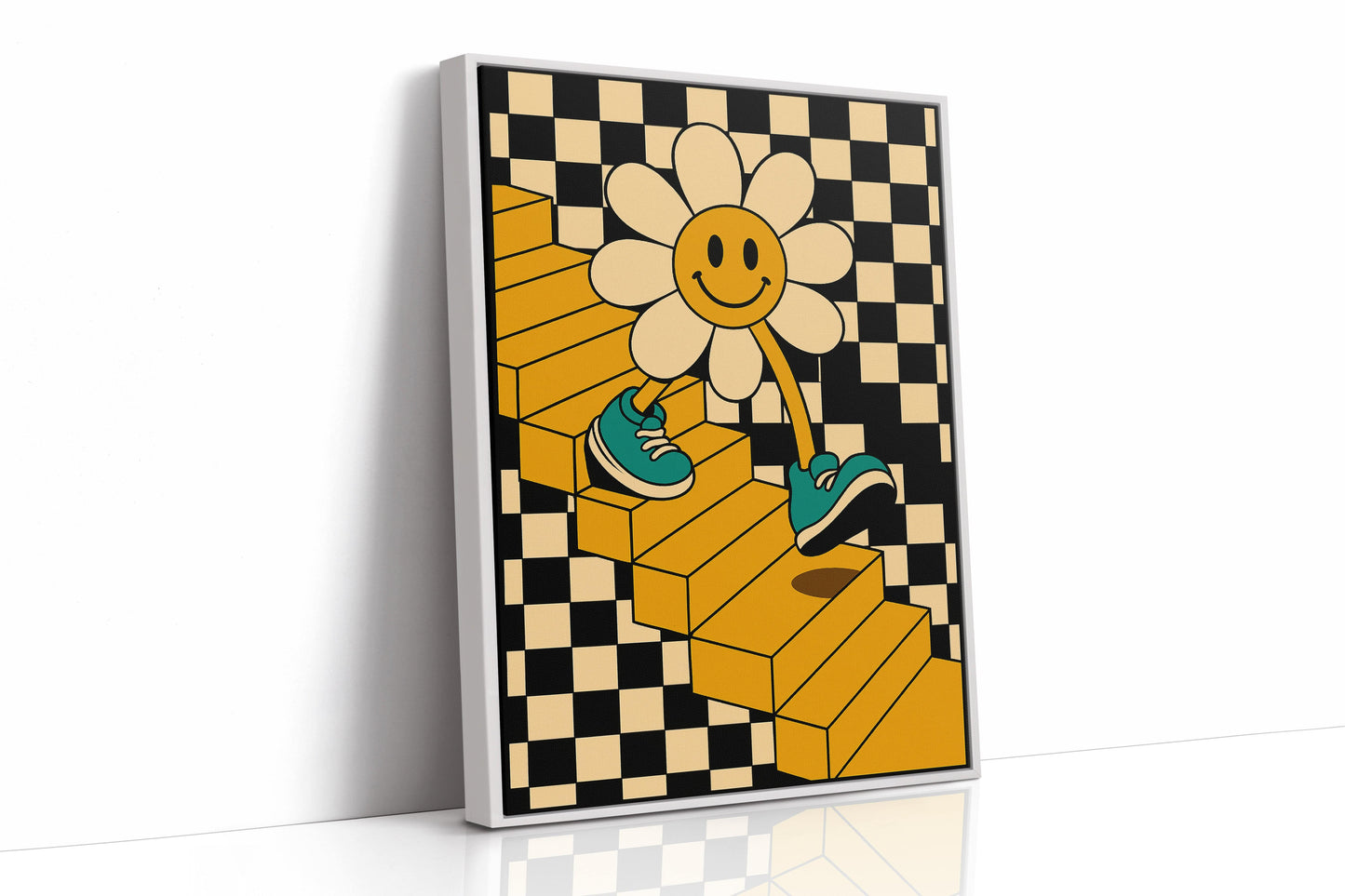 Groovy Daisy Vibes – Retro Checkerboard Flower Print