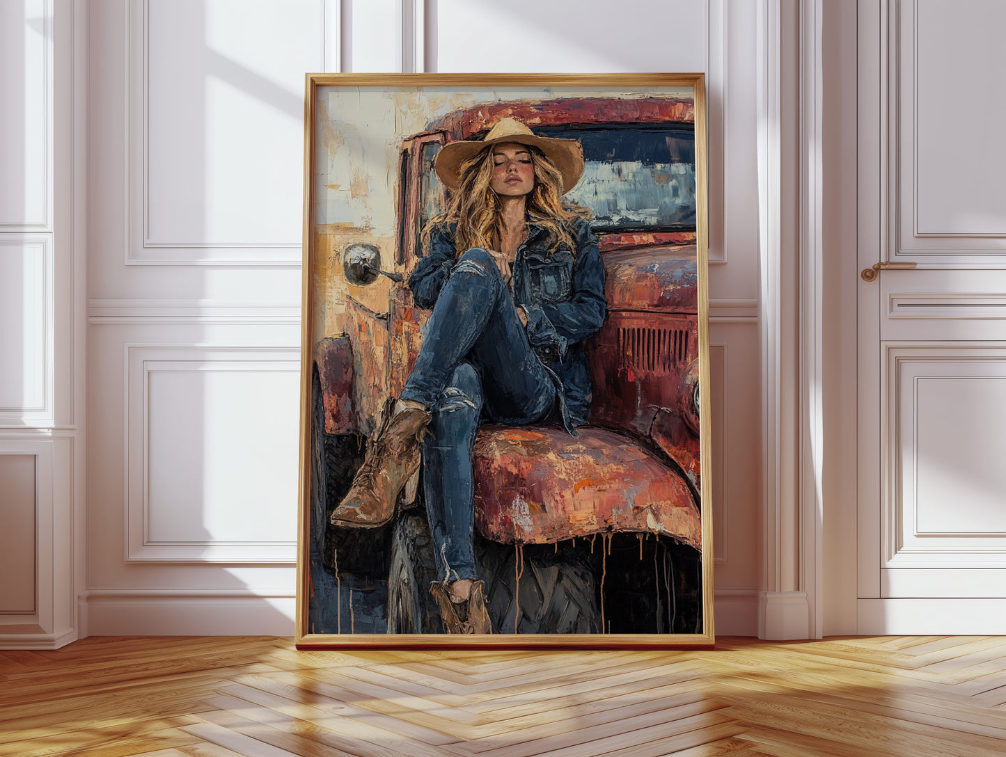 Cowgirl Resting on Rusted Truck