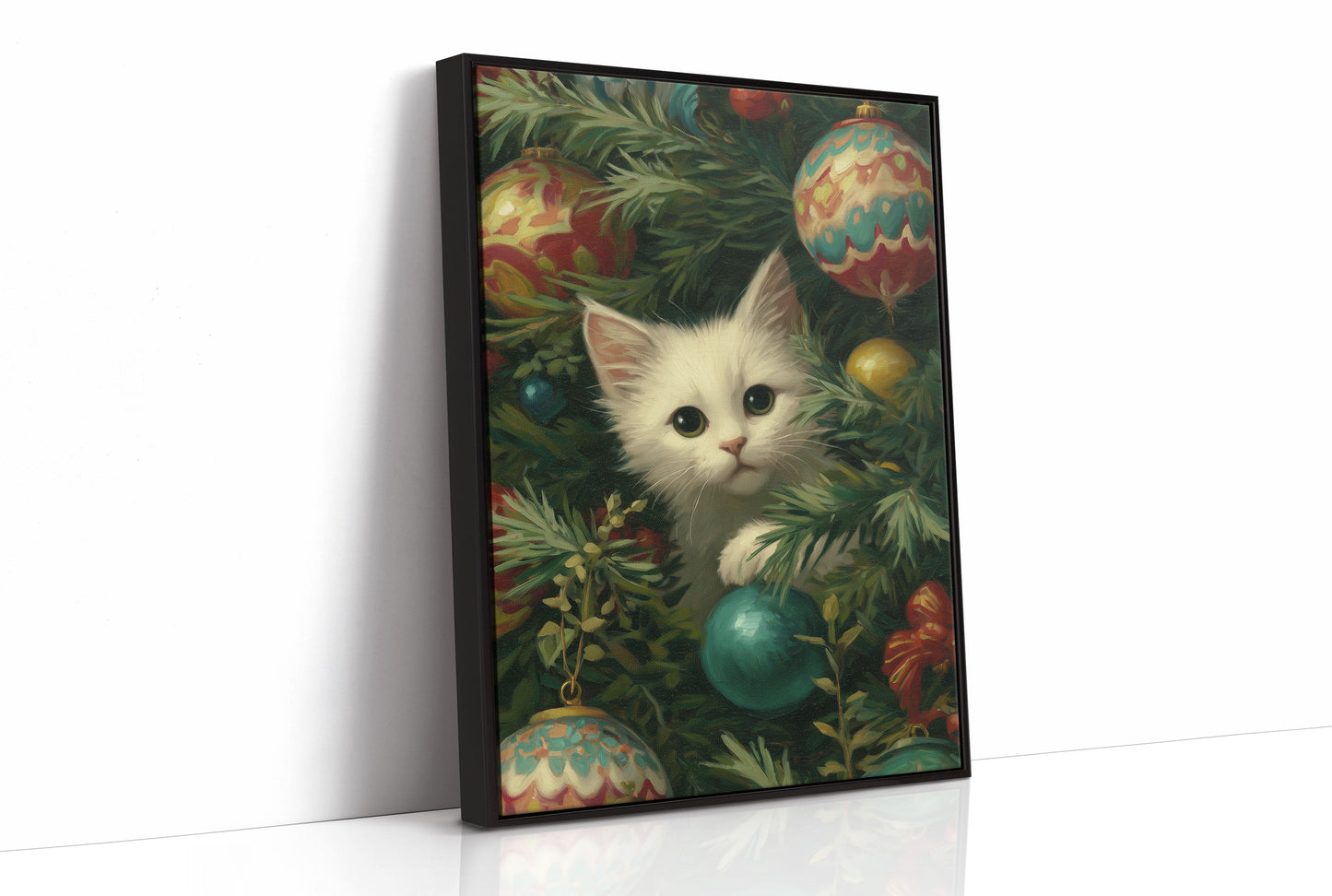 Curious Whiskers Among Festive Boughs