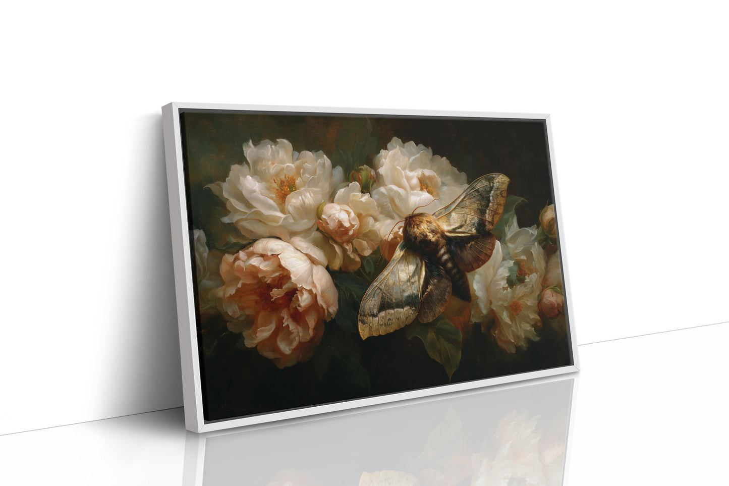 Moth Among Cream Peonies