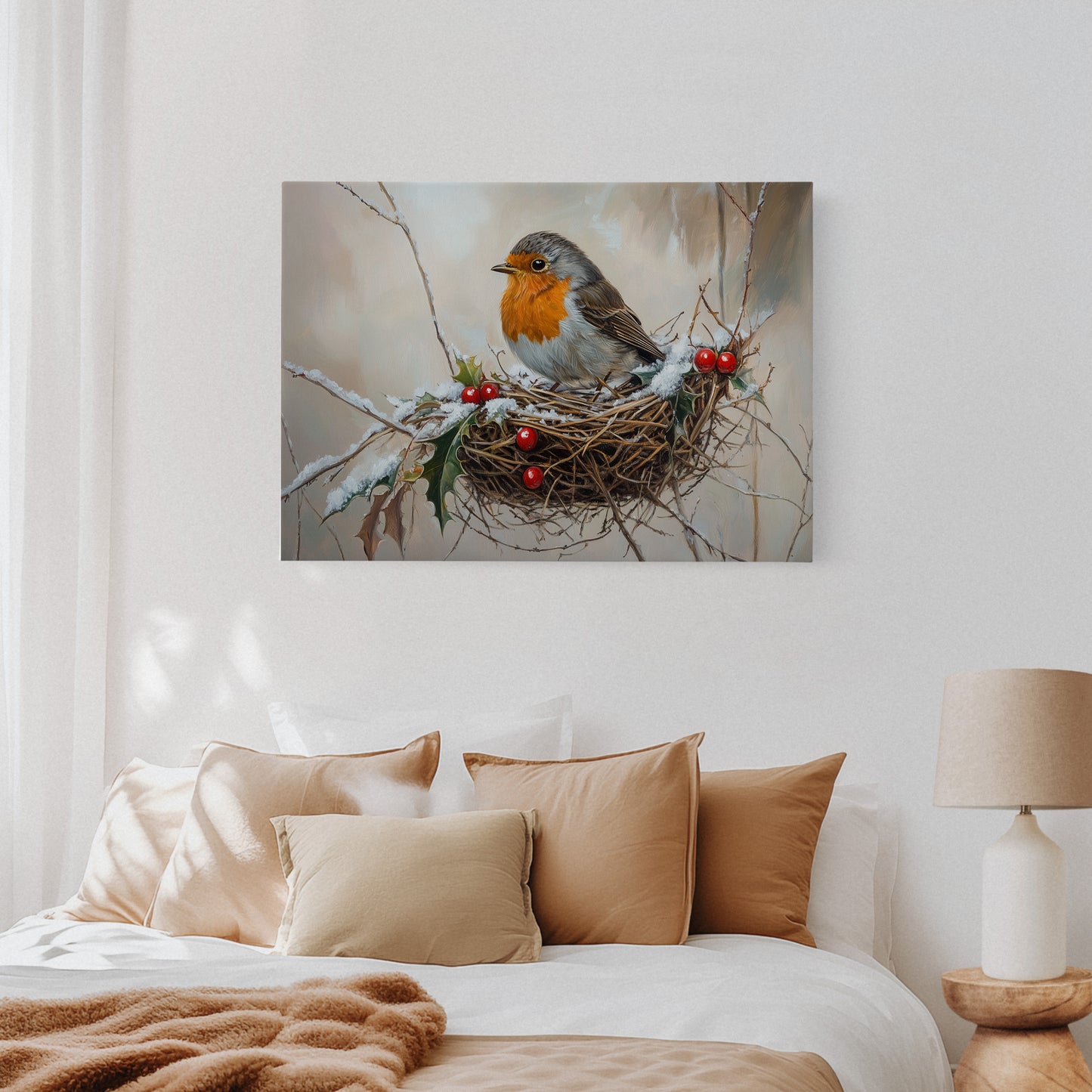 Winter Robin Perches Among Holly