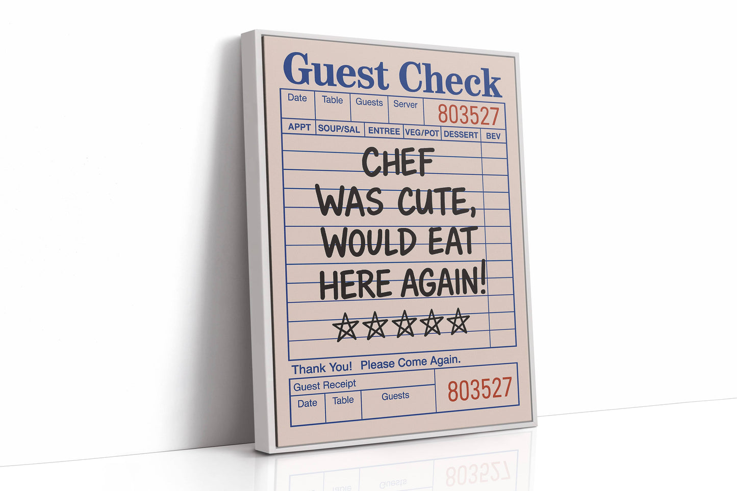Funny Guest Check Wall Art – “Chef Was Cute” Diner Poster