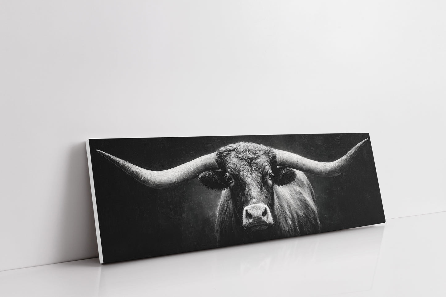 Black and White Longhorn Portrait on Dark Background