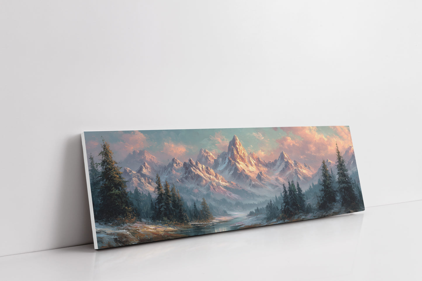 Sunlit Mountain Peaks at Dawn Over Frosted Forest