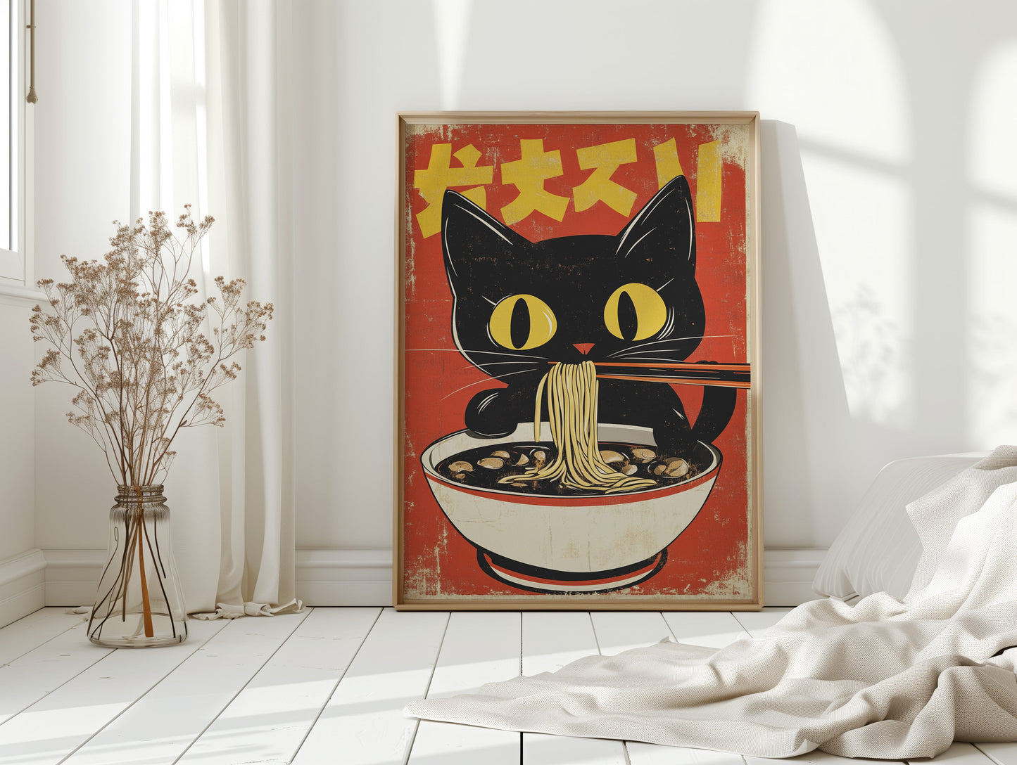Retro Ramen Cat Poster – Japanese-Inspired Noodle Lover Wall Art