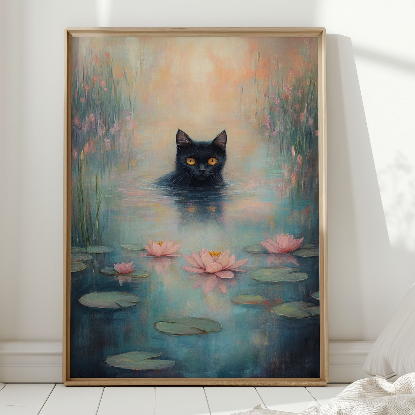 Mystical Black Cat in Water – Dreamy Water Lily Painting