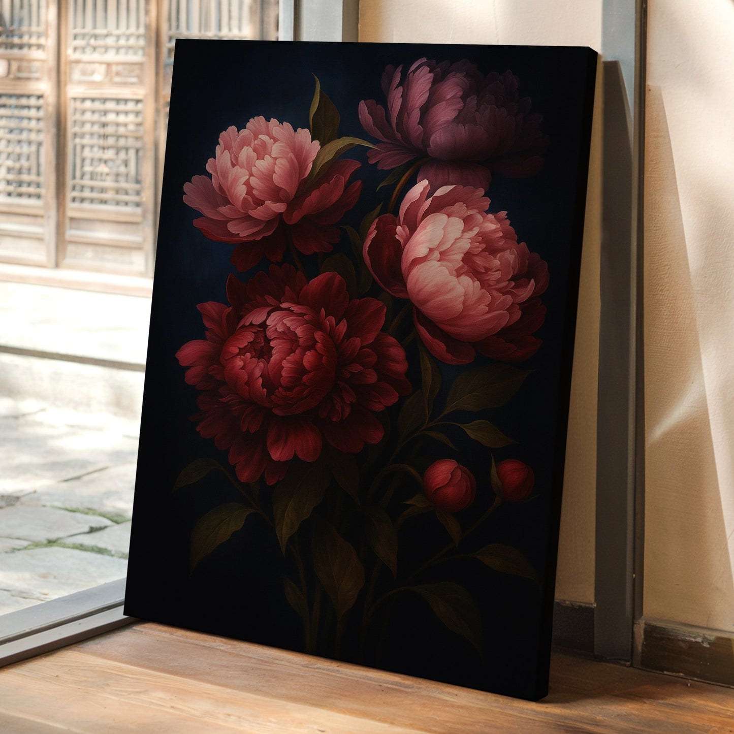Crimson Peonies in Midnight Bloom