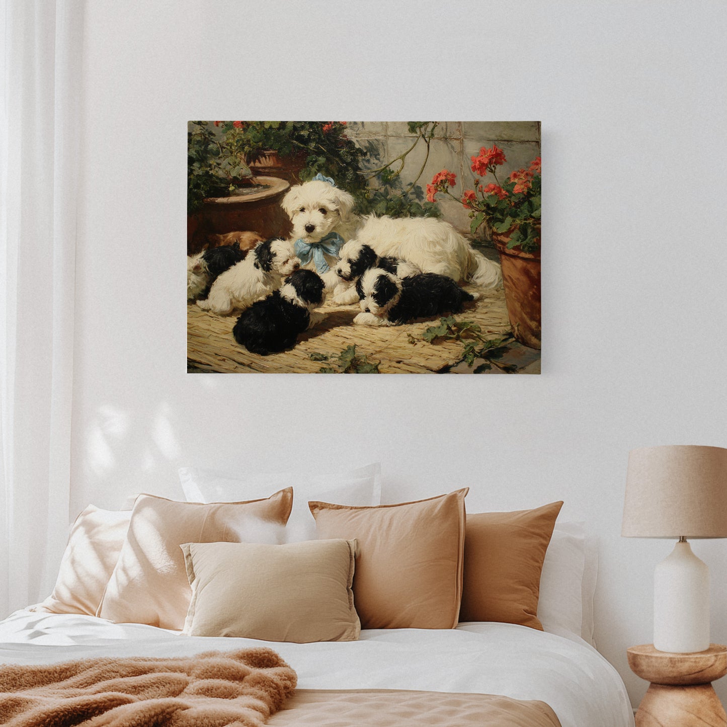 Puppies Rest Among Garden Geraniums