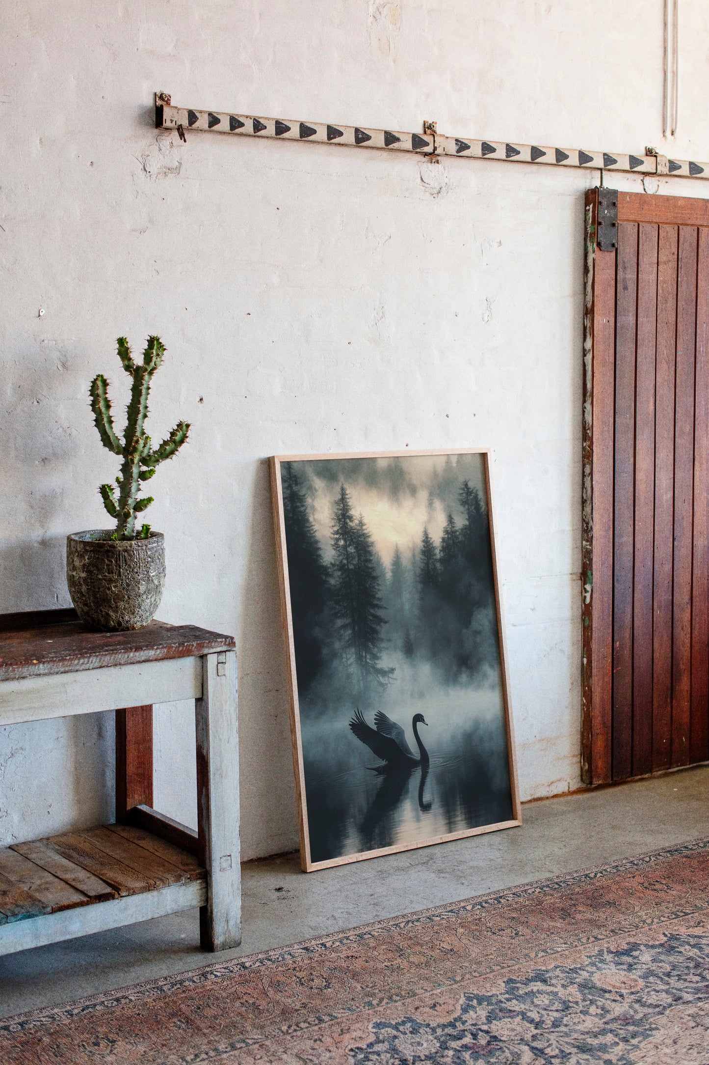 Black Swan in the Forest Mist