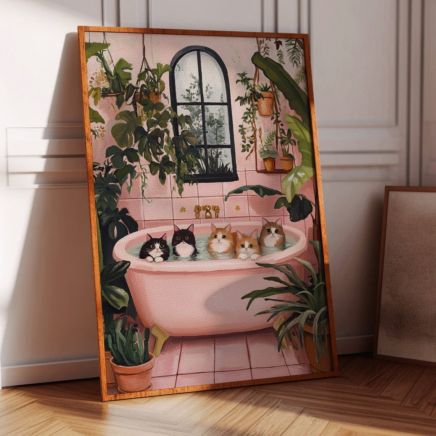 Cat Spa Day – Funny Cat Wall Art, Pink Bathtub Aesthetic, Cozy Home Decor